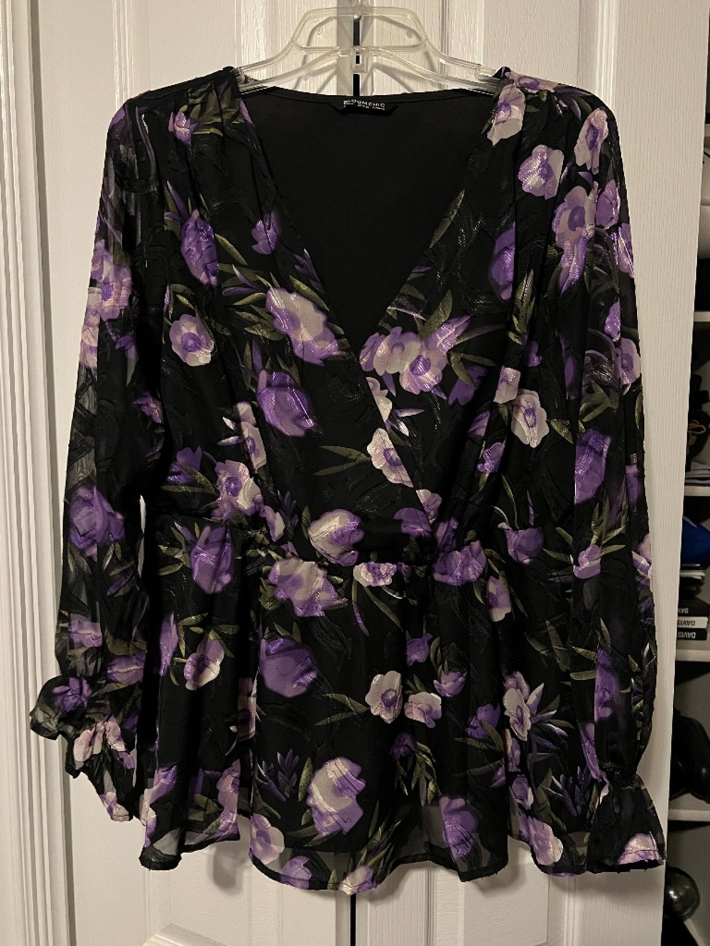 Purple Floral Ruffle Asymmetrical Chiffon Blouse